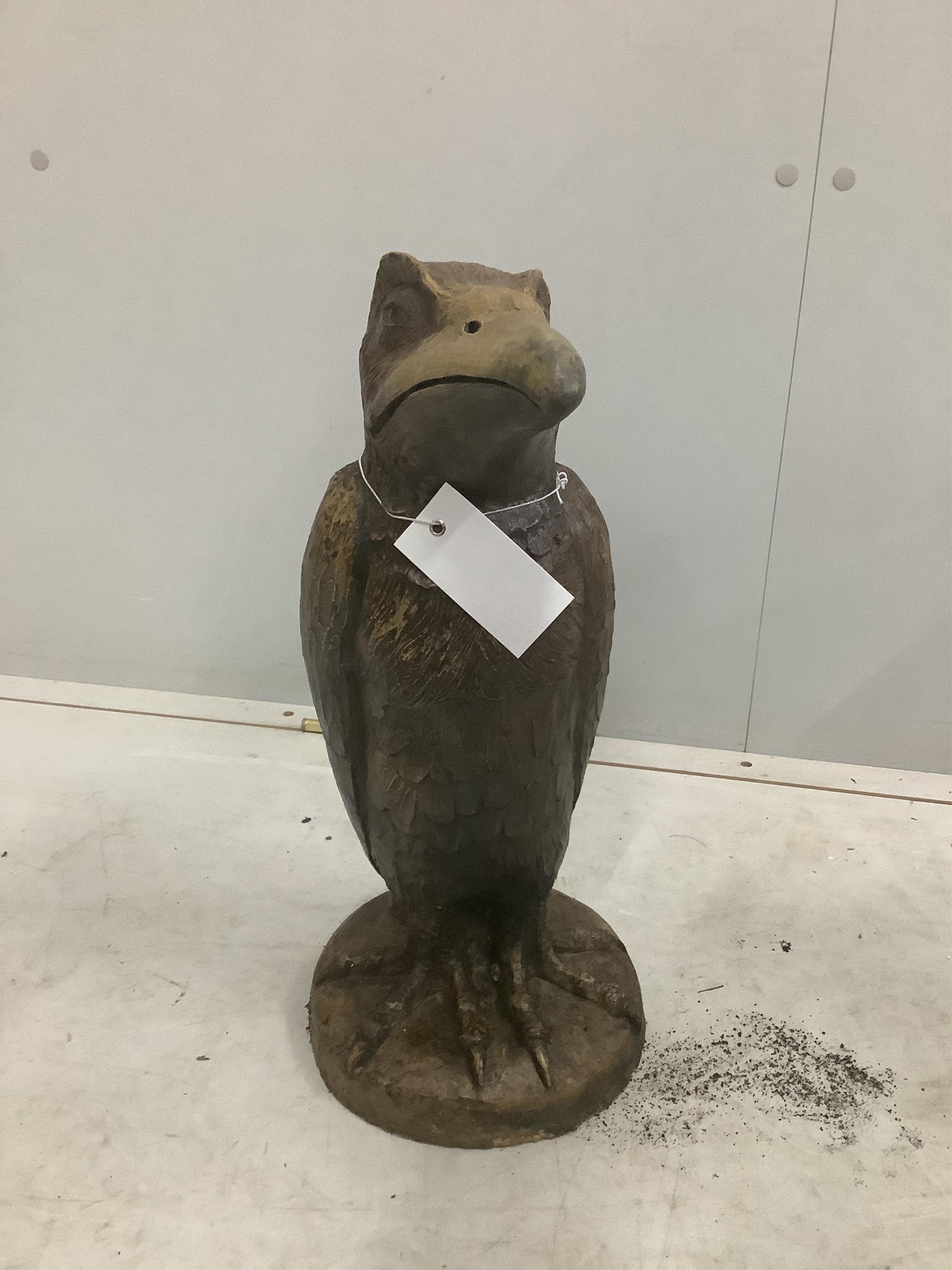 Two Martin Brothers style cast stone Wally Bird garden ornaments, larger height 46cm. Condition - fair